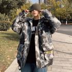 Camo Letter Printed Furry Hooded Coat