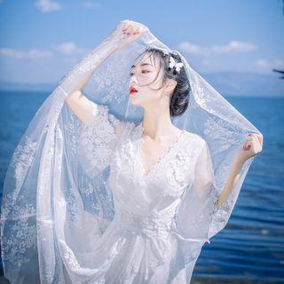 3/4-sleeve V-neck Lace Maxi A-line Dress