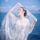 3/4-sleeve V-neck Lace Maxi A-line Dress