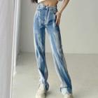 High Waist Color-block Straight-fit Jeans