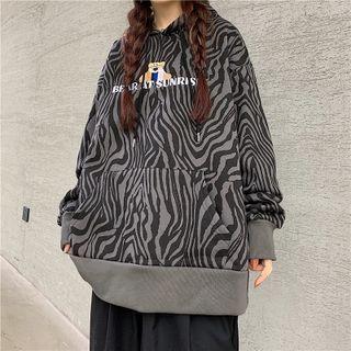 Zebra Print Bear Embroidered Hoodie