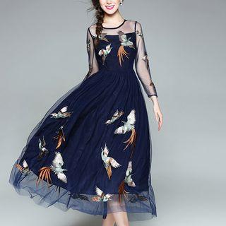 Long-sleeve Embroidered Mesh Dress