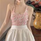 Halter Neck Open-back Floral Camisole Top Floral - Pink - One Size