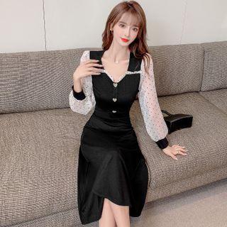 Lantern-sleeve Mesh Panel Midi A-line Dress