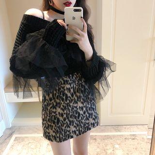 Mesh Long-sleeve Loose-fit Blouse / Leopard Mini Skirt