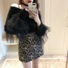 Mesh Long-sleeve Loose-fit Blouse / Leopard Mini Skirt