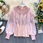 Lace Trim Ruffled Faux Pearl Blouse