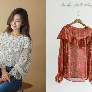 Round-neck Ruffled Floral Chiffon Top