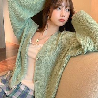 V-neck Cardigan / Lace Trim Camisole Top / Plaid Pants