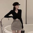 Set : V-neck Long-sleeved Top + High Waist Skirt