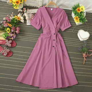 V-neck Tie-waist Midi A-line Dress