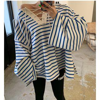 Bell-sleeve Lace Up Striped Pullover