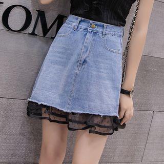 Mesh Panel A-line Denim Skirt