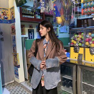Denim Panel Plaid Blazer Red - One Size