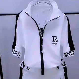 Short-sleeve Lettering Zip Jacket / Harem Sweatpants / Set