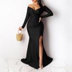 Long-sleeve Off Shoulder Slit Mermaid Evening Gown