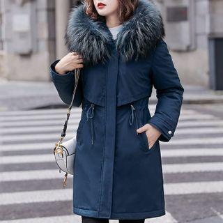 Hooded Fluffy Trim Drawstring Long Jacket