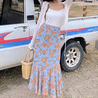 Set: Light Cardigan + Camisole + Midi Floral Chiffon Skirt Set Of 3 - Cardigan & Camisole & Skirt - As Shown In Figure - One Size