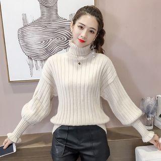 Turtleneck Puff-sleeve Knit Top