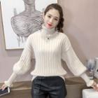 Turtleneck Puff-sleeve Knit Top