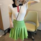 Color-block Short-sleeve Slim-fit Polo-shirt / Pleated Skirt