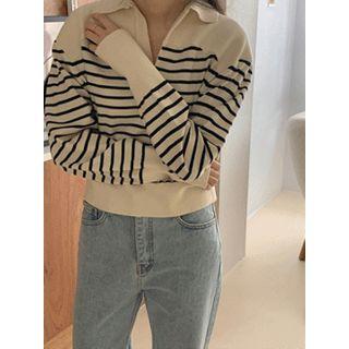 Open-placket Stripe Knit Top One Size