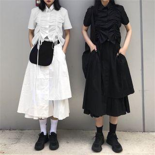 Elbow-sleeve Drawstring Blouse / Asymmetric Plain Midi Skirt