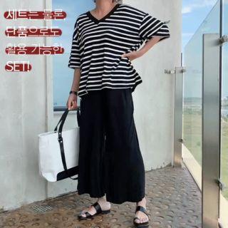 Set: V-neck Striped Top + Band-waist Wide-leg Pants