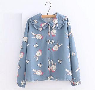 Rabbit Print Ruffled Chiffon Blouse Blue - One Size