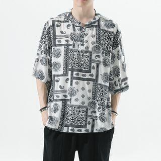 Elbow-sleeve Paisley Print Henley T-shirt