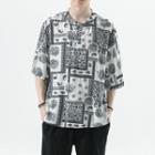 Elbow-sleeve Paisley Print Henley T-shirt