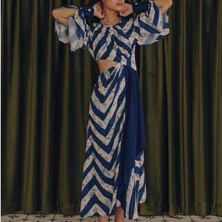 Long-sleeve Stripe Cutout-waist Midi Dress