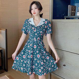 Contrast Collar Floral Short-sleeve Mini A-line Dress