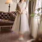 Set: Long-sleeve Qipao Top + Mesh Midi A-line Skirt