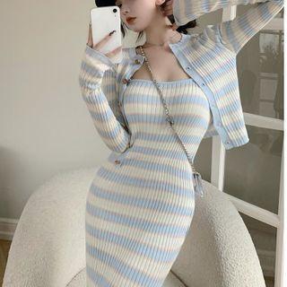 Striped Cropped Cardigan / Spaghetti Strap Knit Midi Sheath Dress / Set