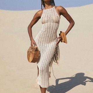 Halter-neck Pointelle Knit Midi Sheath Dress