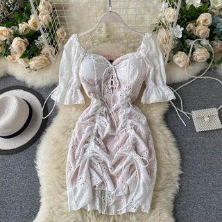 Eyelet Short-sleeve Drawstring Mini A-line Dress White - One Size