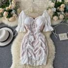 Eyelet Short-sleeve Drawstring Mini A-line Dress White - One Size