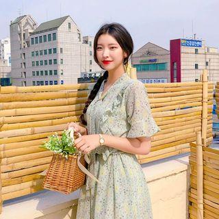 Frill-trim Floral Midi Chiffon Dress