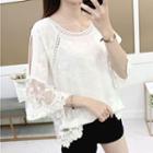 3/4-sleeve Lace Panel Knit Top White - One Size