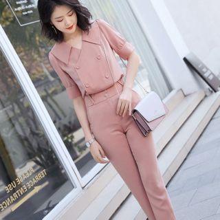 Set: Short-sleeve Double-breasted Shirt + Skinny Pants