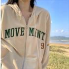 Lettering Zip-up Hoodie Beige - One Size