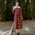 Set: Collared Plaid Single-breasted Jacket + Midi A-line Skirt