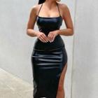 Faux Leather Slit Lace-up Strappy Midi Bodycon Dress