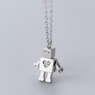 925 Sterling Silver Rhinestone Robot Dangle Necklace Silver - One Size