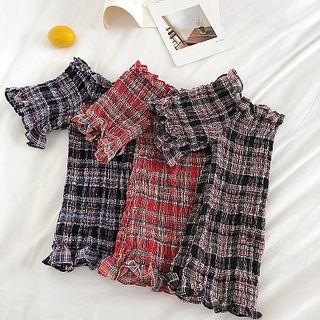 Plaid Off-shoulder Ruffled-trim Frilled Top