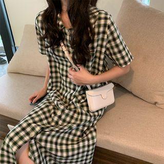Short-sleeve Plaid Midi Dress Green - One Size