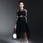 Long-sleeve Lace Panel Tulle Dress