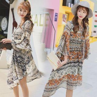 3/4-sleeve Asymmetric-hem Printed Dress