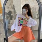 Printed Long-sleeve T-shirt / Drawstring Wide-leg Shorts